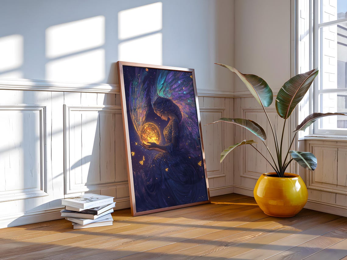 Angel Holding Glowing Moon Iridescent Wings Celestial Fantasy Poster - Image 5
