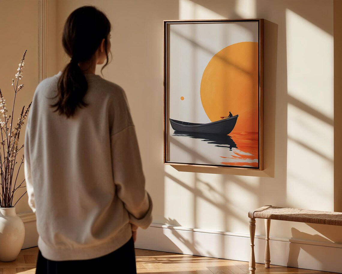 Lone Boat Giant Orange Sun Minimalist Sunset Lake Wall Poster - Image 3