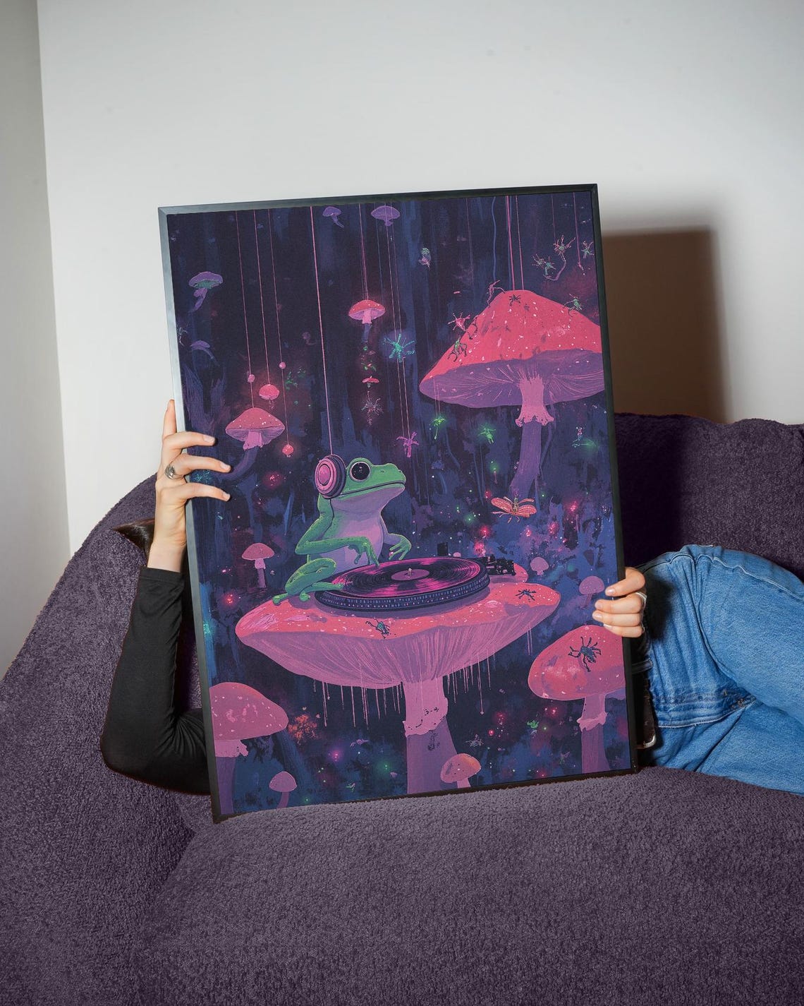 Cheerful DJ Frog Headphones Vinyl Mushroom Forest Neon Poster