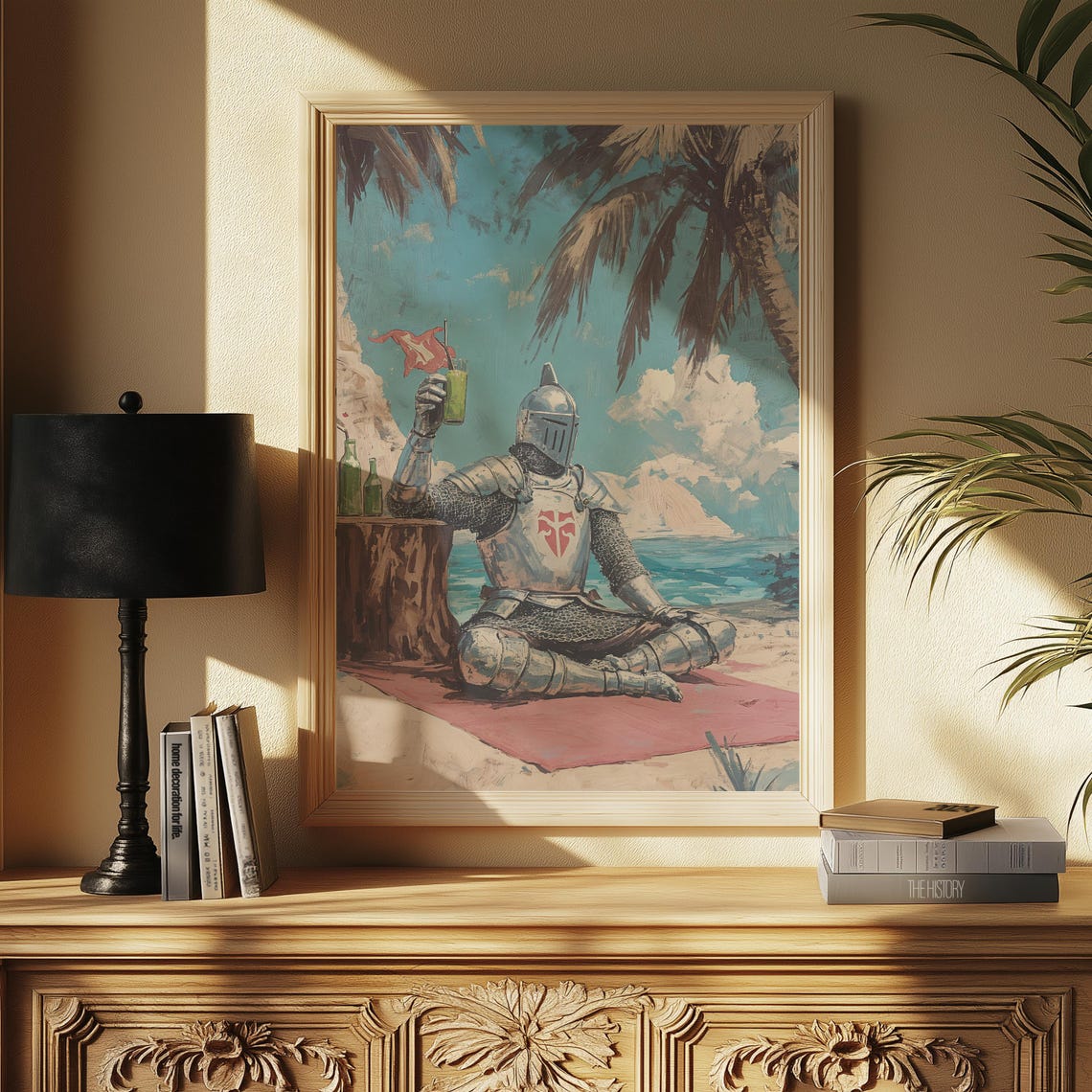 Knight in Full Armor Relaxing on a Tropical Beach with a Drink Poster