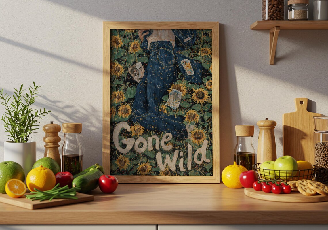 Gone Wild Sunflower Field Denim Girl Vintage Botanical Text Retro Wall Art - Image 2