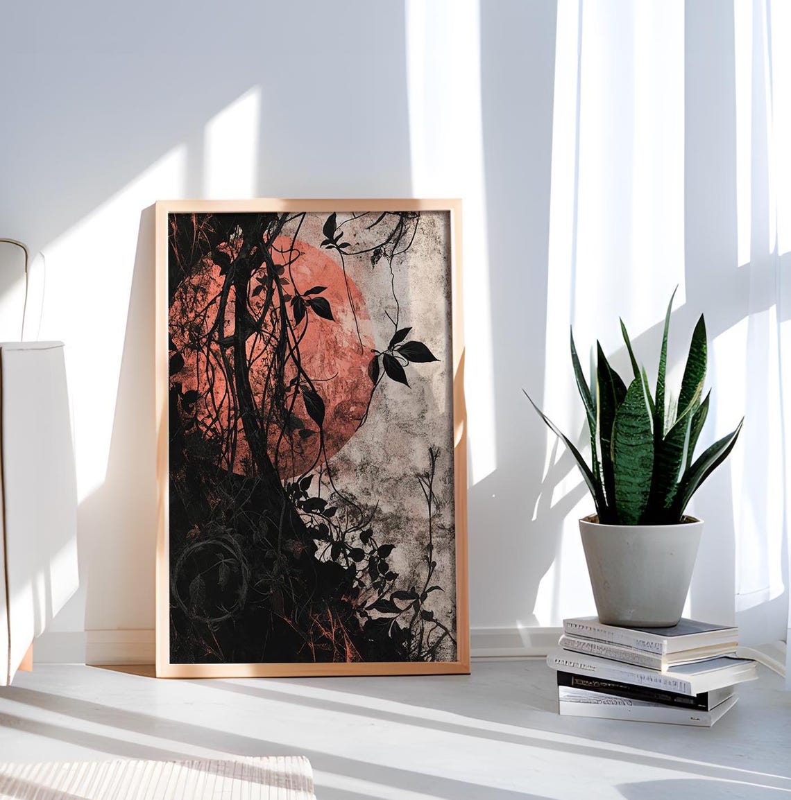 Red Sun Dark Tree Branch Moody Grunge Nature Art Poster Design