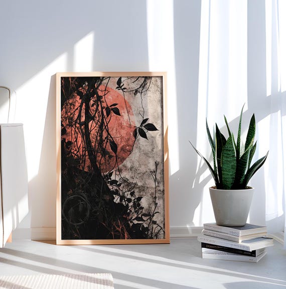 Gothic Moon Art Print Dark Botanical Wall Mysterious Nature Decor