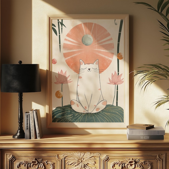 White Spotted Cat Meditating on a Lotus Leaf Under a Peach Sun Poster