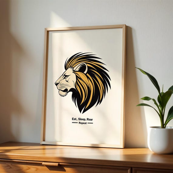Lion Art Print Eat Sleep Roar Repeat Poster Motivational Animal Wall Modern Black Gold Decor