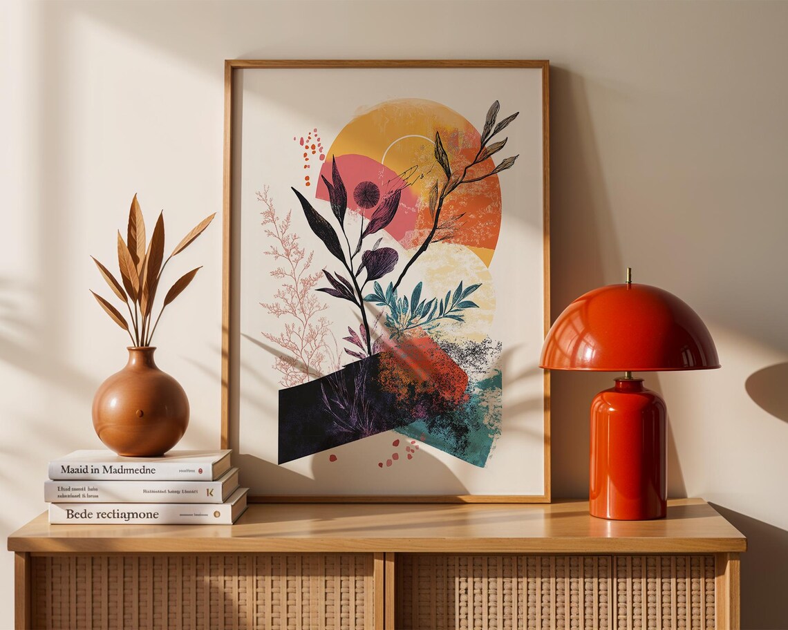 Colorful Sunrise Botanical Abstract Art Print Dark Foliage Branches