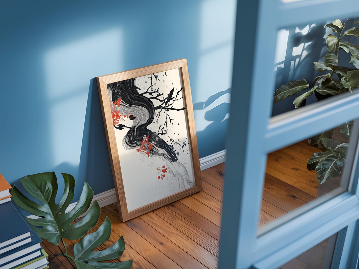 Japanese Ink Woman Profile Red Blossoms Flowing Hair Art Poster - Image 3