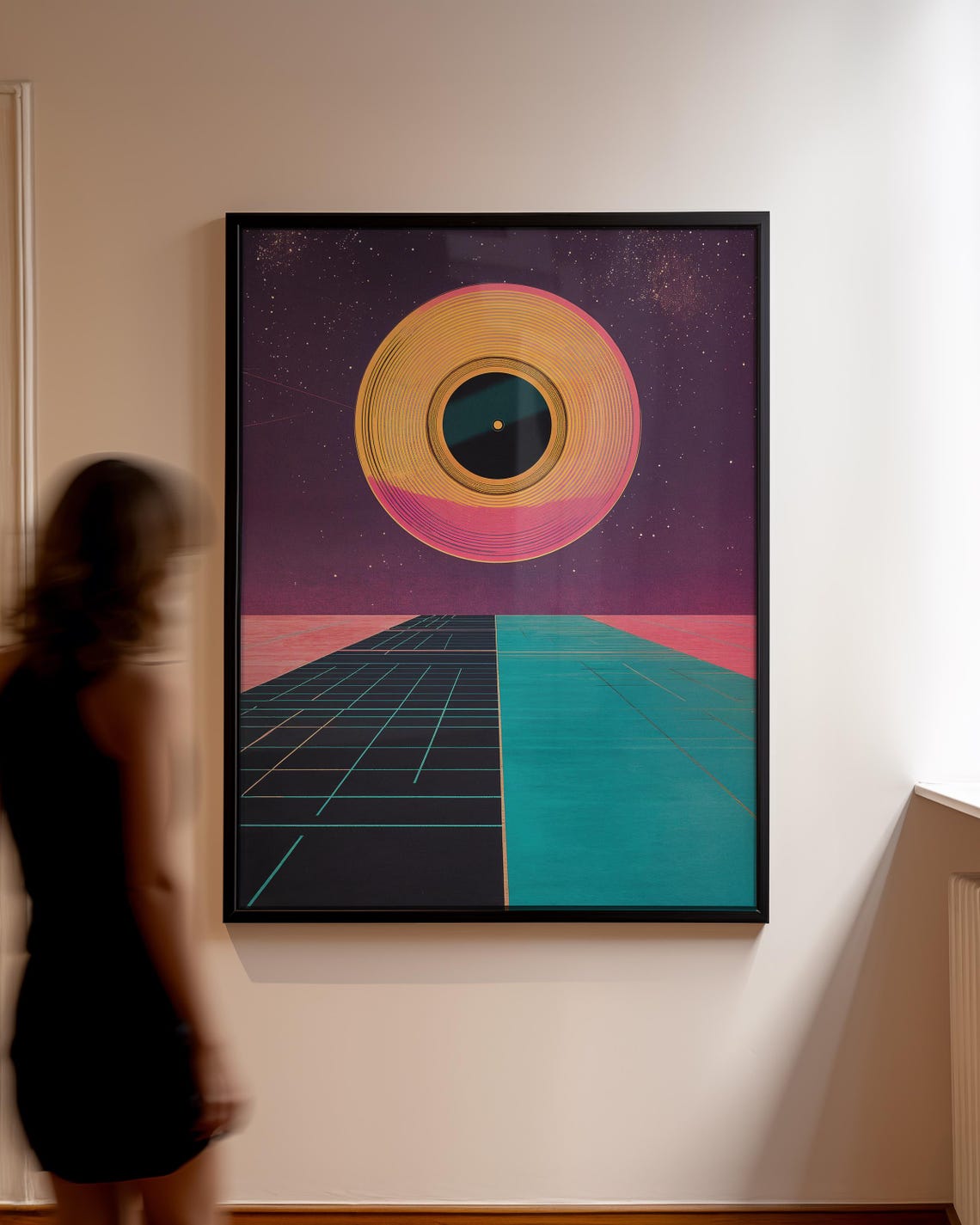 Synthwave Vinyl Record Sunset Neon Grid Retro Music Landscape Poster - Image 5
