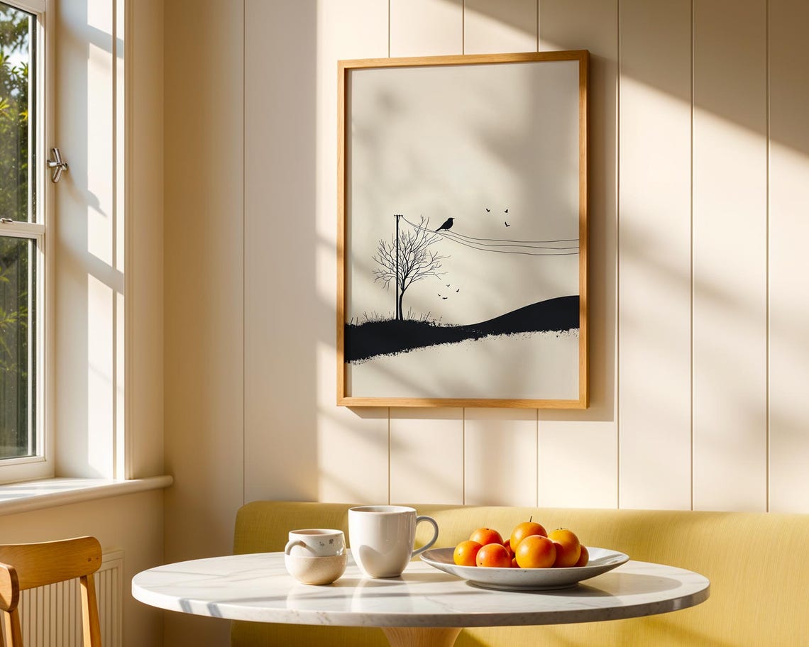 Bird on Wire Minimalist Ink Tree Landscape Black Wall Poster - Image 4