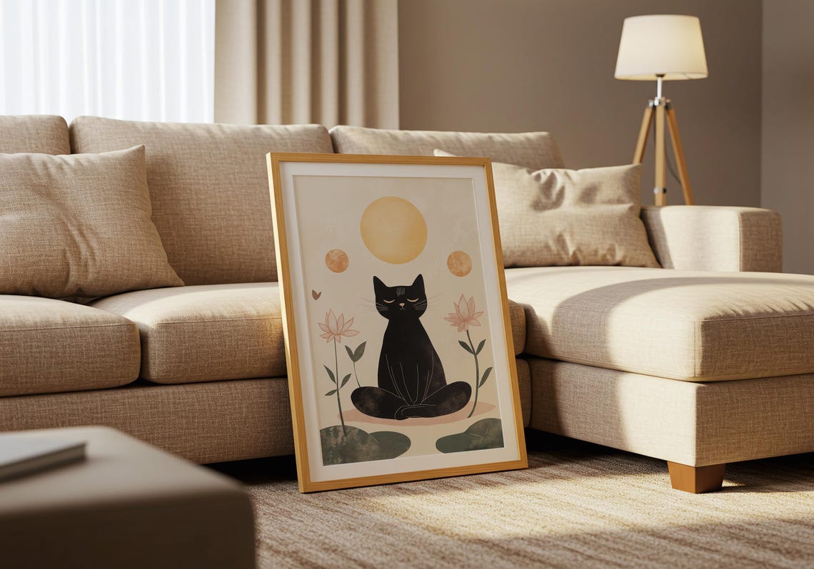 Black Cat Meditating in Lotus Pose with Golden Sun Boho Art Poster - Image 5