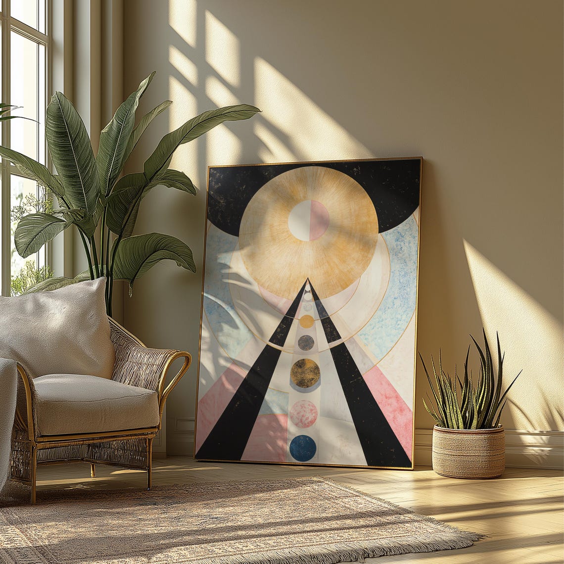 Celestial Sun Disc over Black Pyramid with Moon Phases Art Poster - Image 2