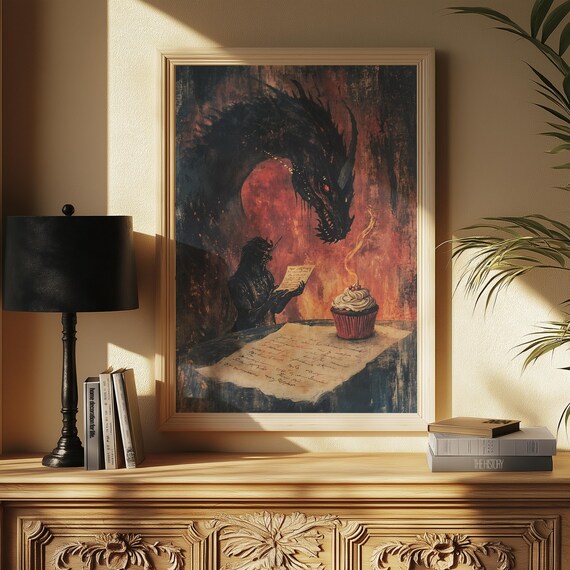 Dark Dragon Girl Reading Letter Candlelit Cupcake Fantasy Art Poster