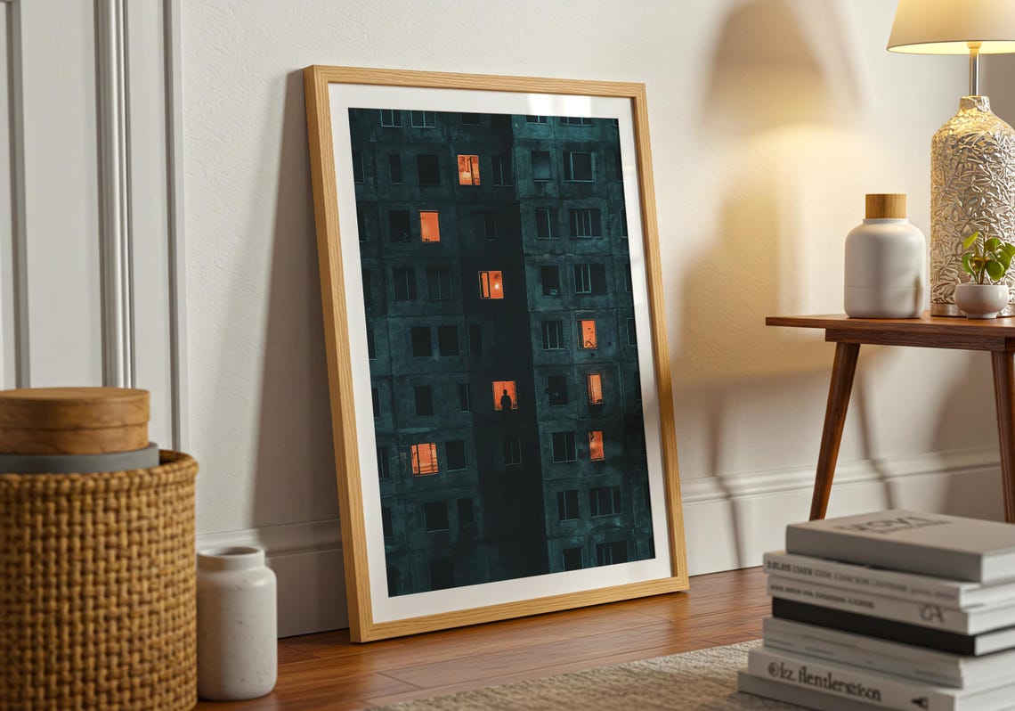 Silhouette Figure Glowing Orange Windows Night Apartment Urban Poster - Image 2
