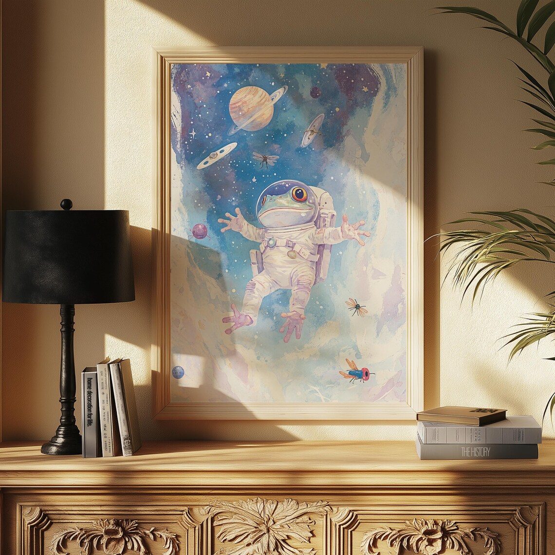 Astronaut Frog Whimsical Space Adventure Watercolor Cosmic Art Poster