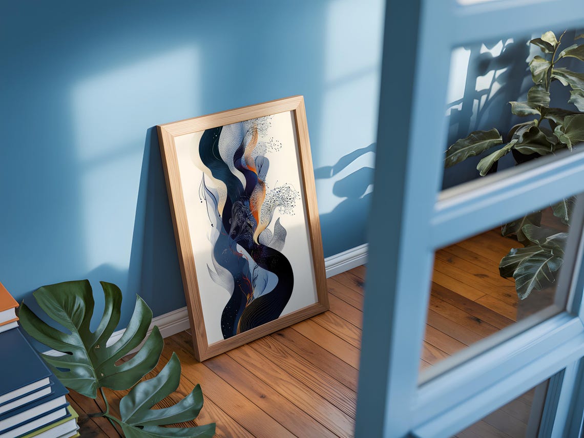 Boho Flow Abstract Blue Ribbon Cream Minimal Modern Wave Art Poster - Image 5