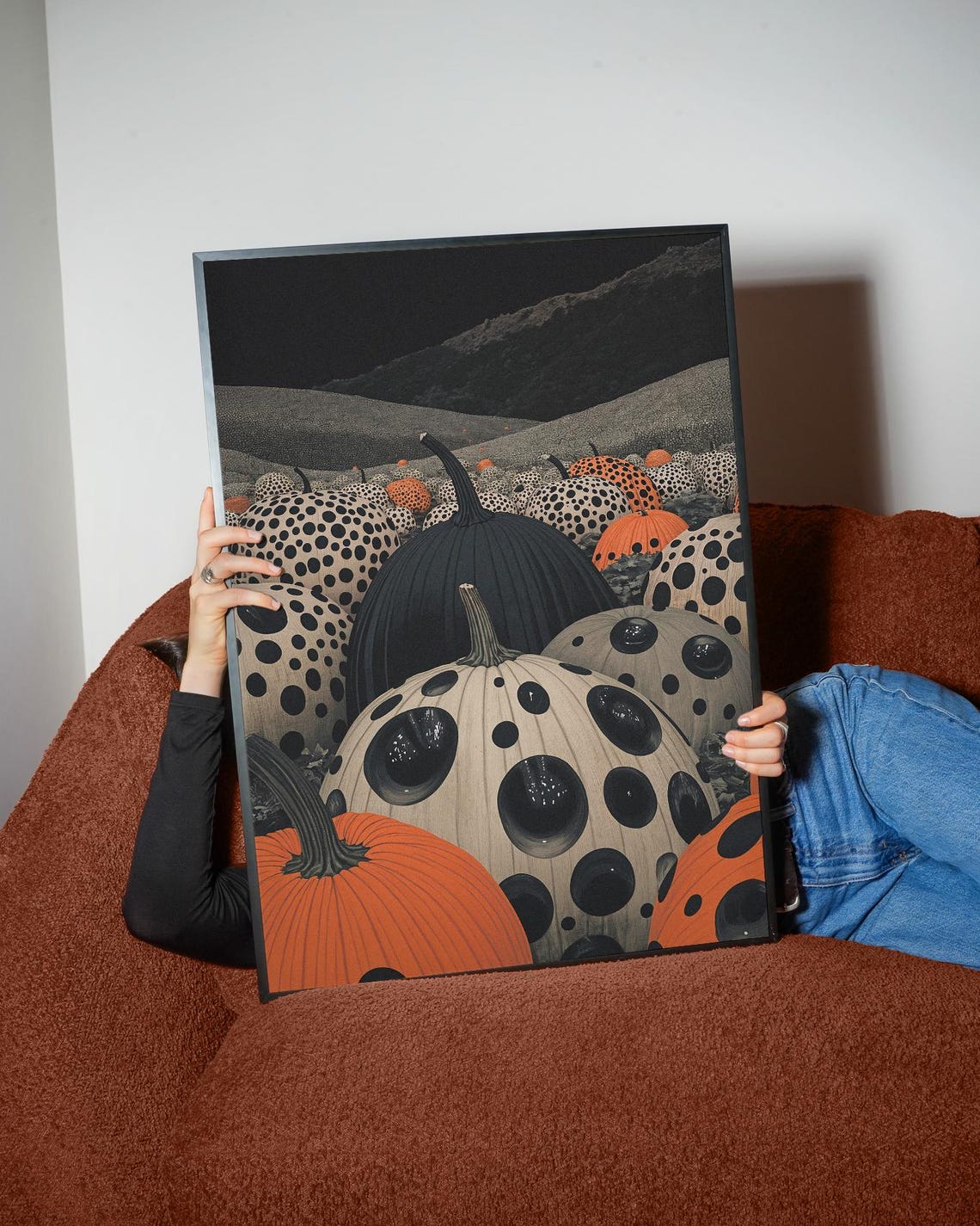 Polka Dot Pumpkins Field Moonlit Hills Spooky Fall Harvest Art Poster - Image 5