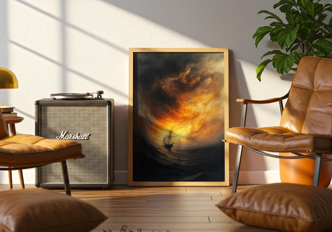 Tall Ship Sailing Through a Fiery Stormy Ocean at Dusk Poster - Image 5