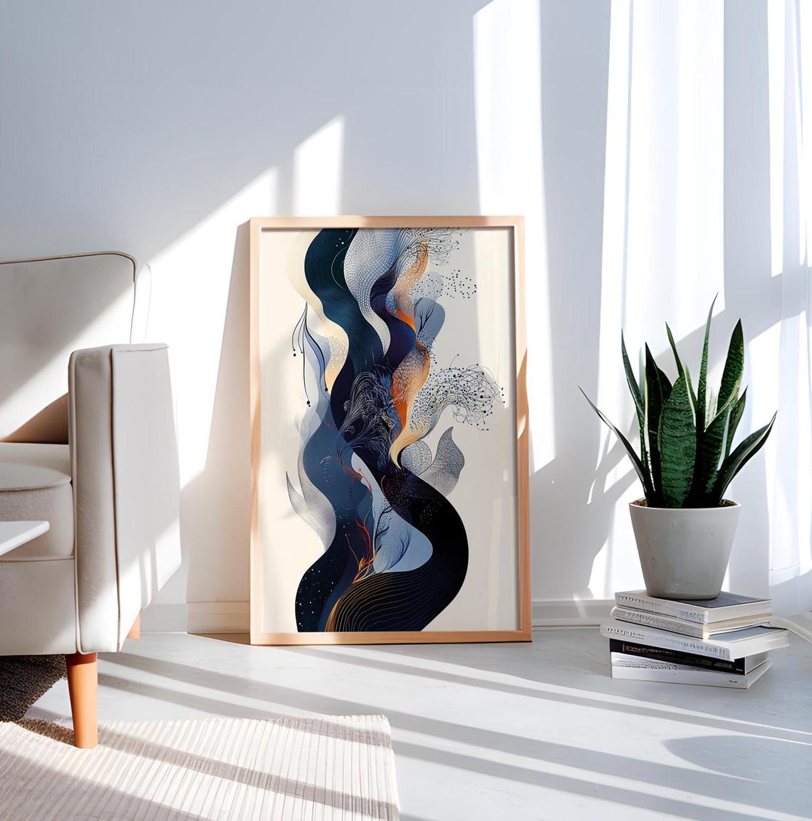 Boho Flow Abstract Blue Ribbon Cream Minimal Modern Wave Art Poster