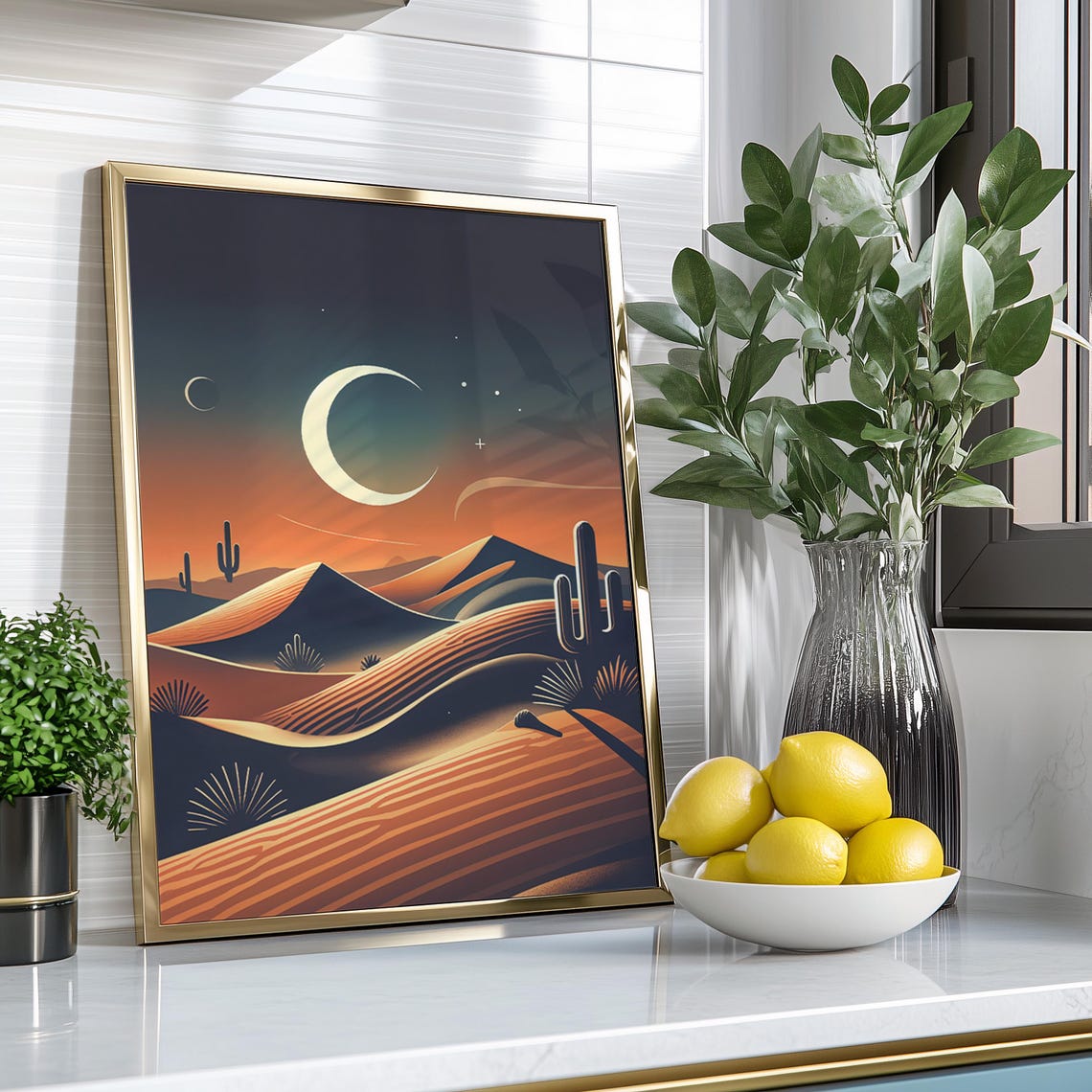 Crescent Moon Striped Dunes Desert Night Stylized Art Poster - Image 2