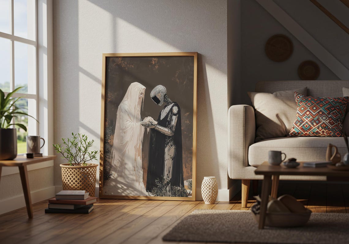 Ghostly Veiled Figure Holding Hands with a Cloaked Robot Art Poster - Image 2