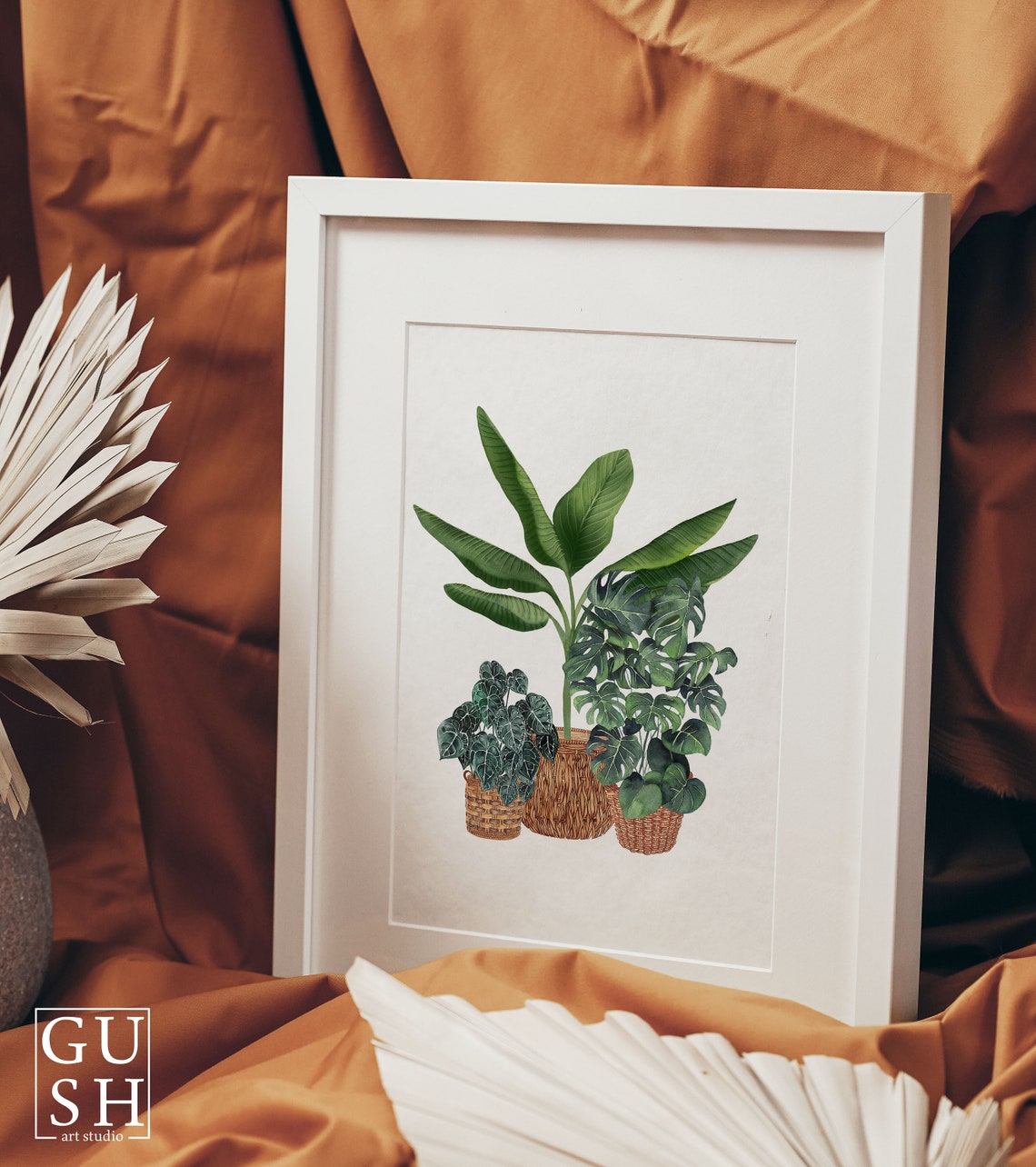 Banana Monstera Trio In Wicker Baskets Watercolor Botanical Poster - Image 3