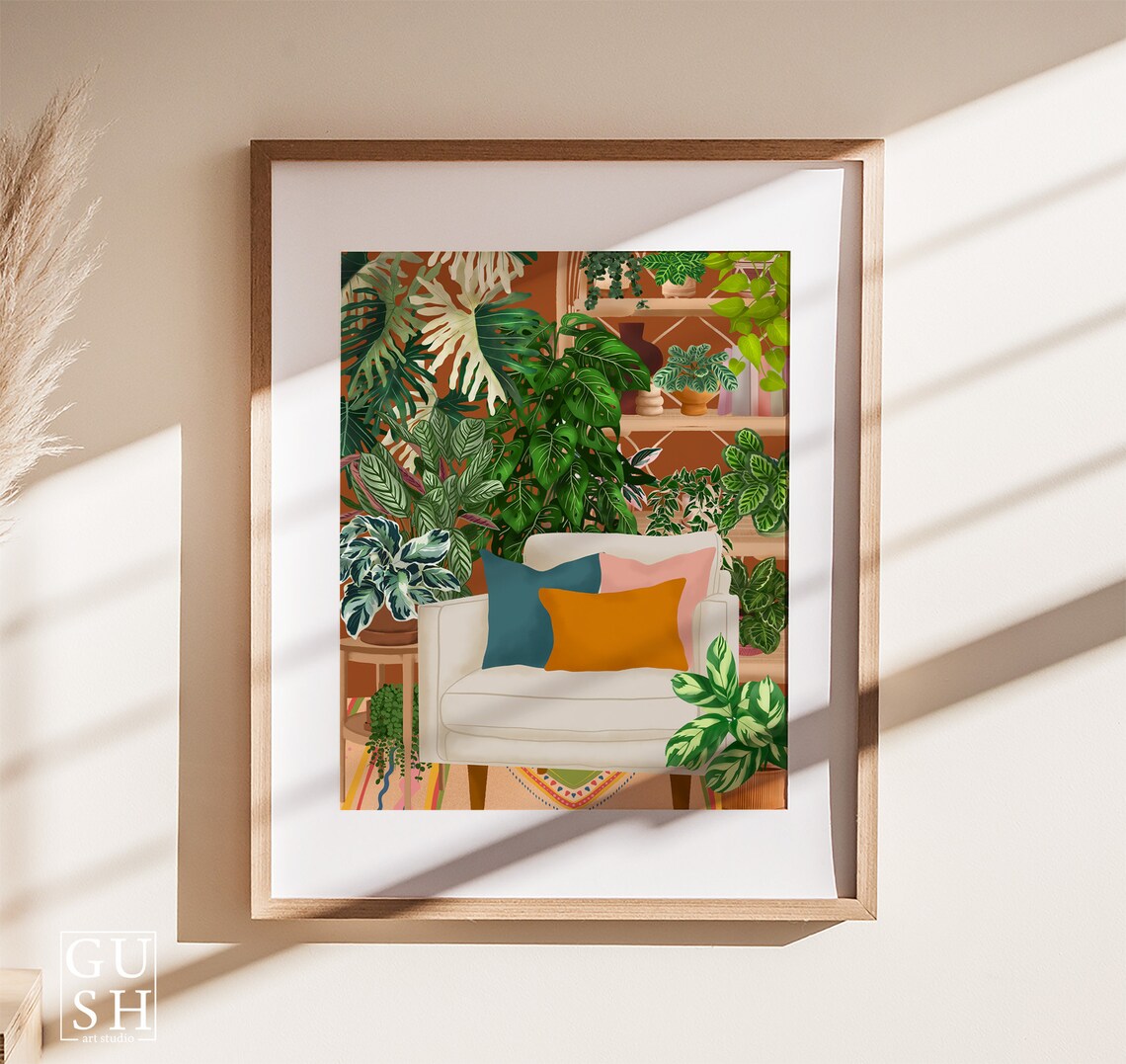 Cream Armchair with Colorful Cushions in a Lush Plant Room Poster