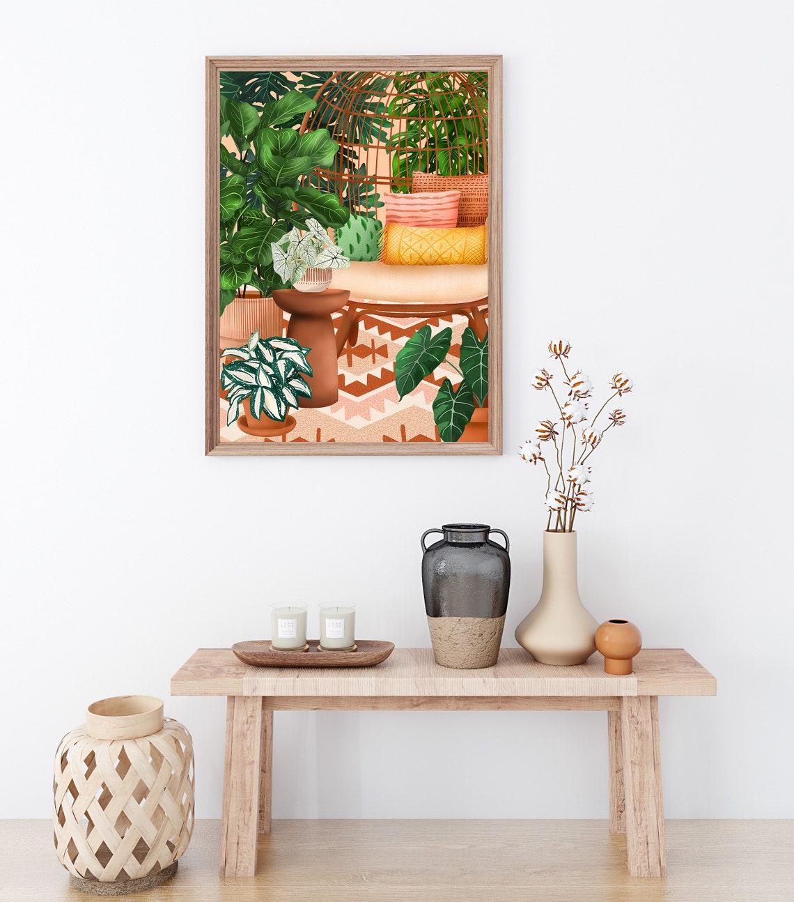 Cozy Plant Room with Rattan Peacock Chair Botanical Scene Poster - Image 3