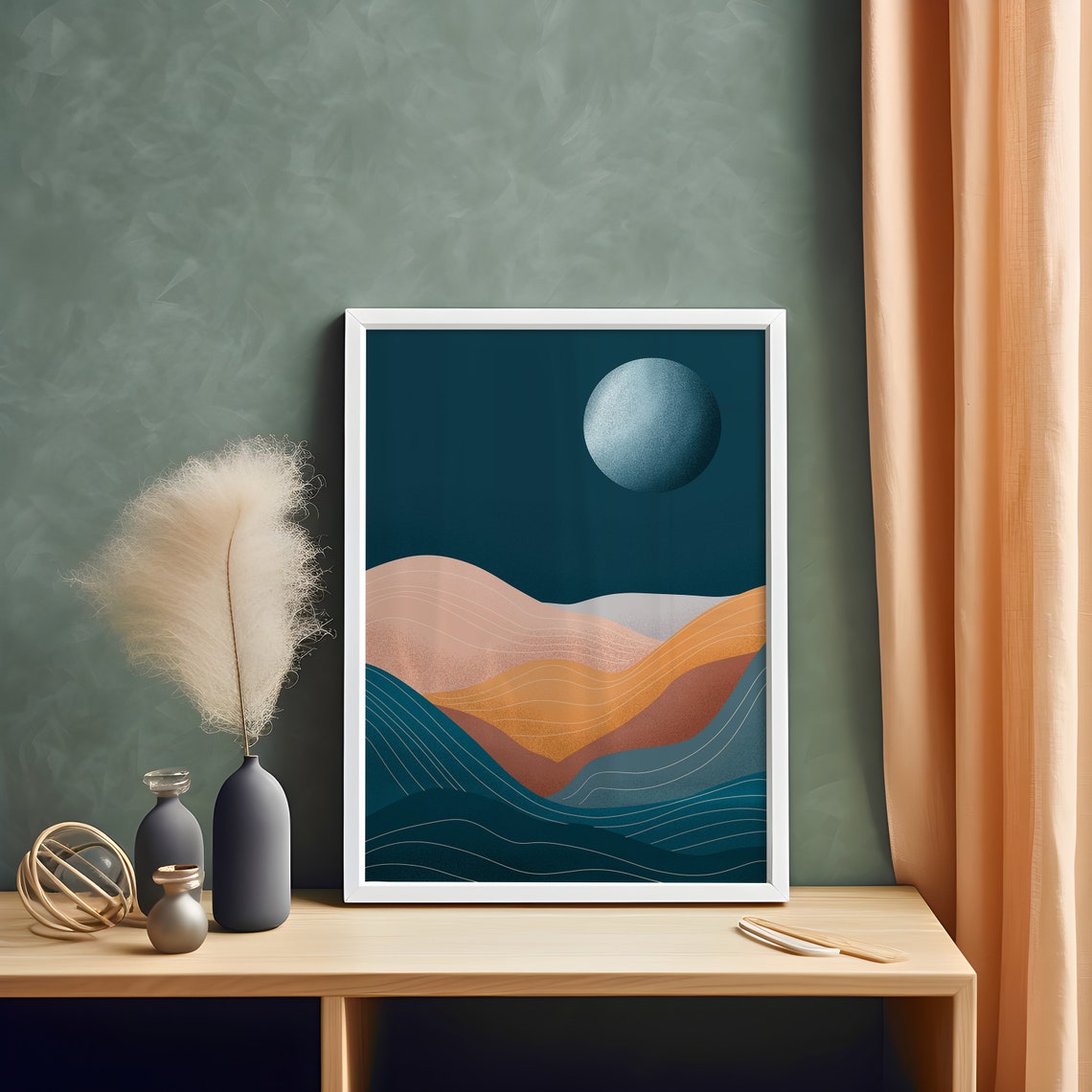 Boho Moon Landscape Print Blue Wall Art Landscape Art Print Boho Art Prints Mid Century Modern Desert Print Minimalist Print - Image 3