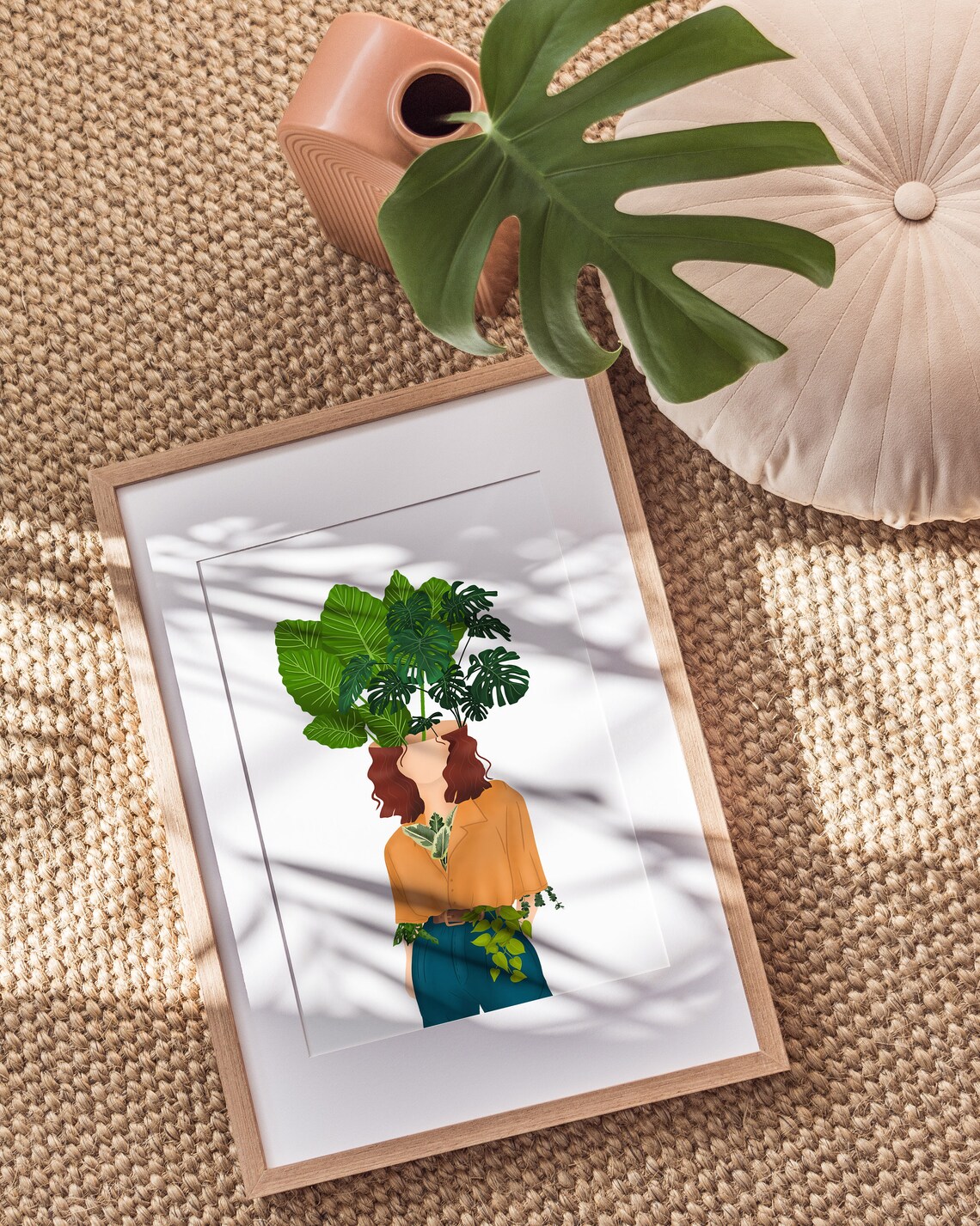 Woman Mustard Top Teal Trousers Big Leaf Head Fashion Poster - Image 3
