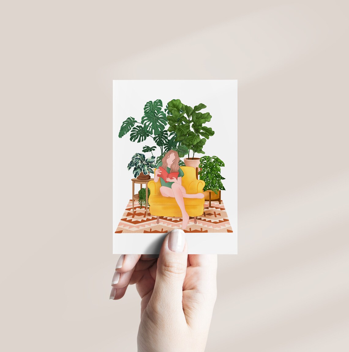 Blonde Plant Lady Reading a Red Book on a Yellow Armchair Poster - Image 3