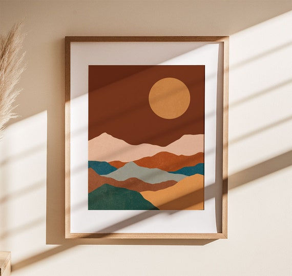 Mountain Art Print Mid Century Modern Wall Art Landscape Art Print Boho Art Prints Sunset Wall Art