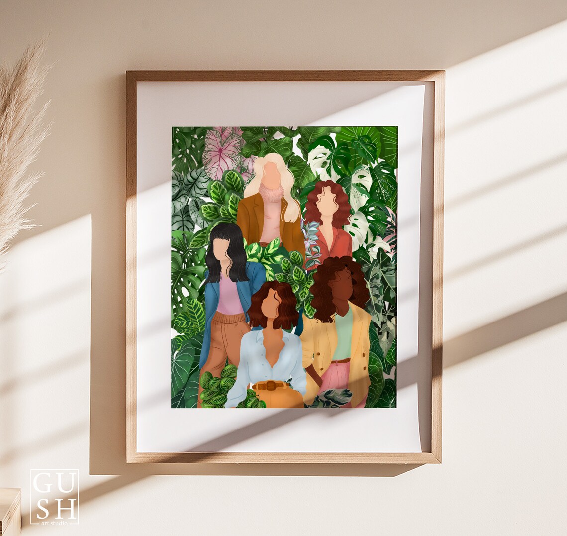 Five Diverse Women Standing Among Lush Monstera Leaves Art Poster
