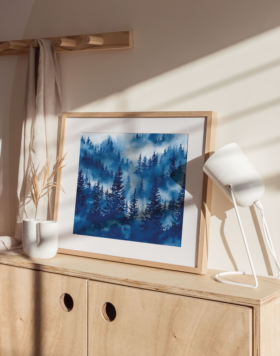 Deep Blue Misty Pine Forest Foggy Watercolor Landscape Painting Poster - Image 2