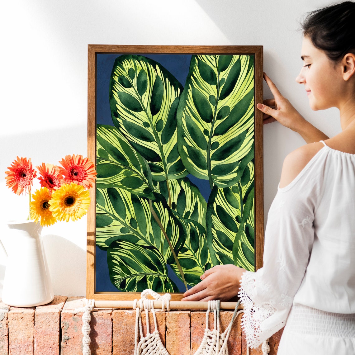 Giant Calathea Leaves On Navy Blue Watercolor Botanical Poster