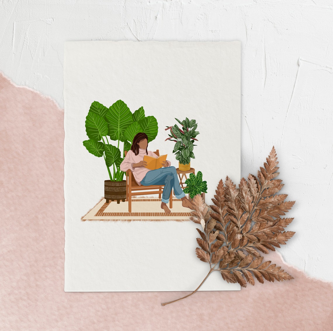 Bookworm Plant Lady Print Woman Reading Chair Houseplants Art - Image 2