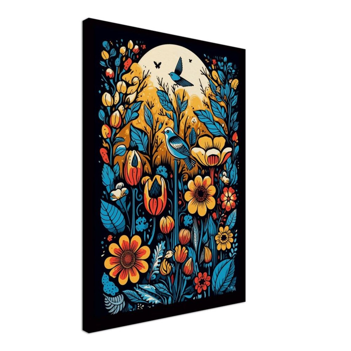 Moonlit Garden Woodcut Floral Art with Blue Birds Bold Poster - Image 4