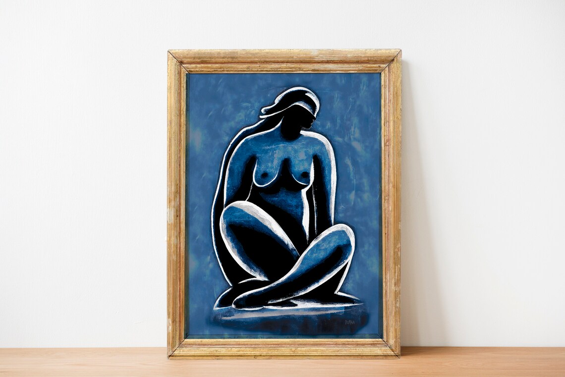 Blue Nude Silhouette Seated Woman Figurative Art Painting Poster - Image 6