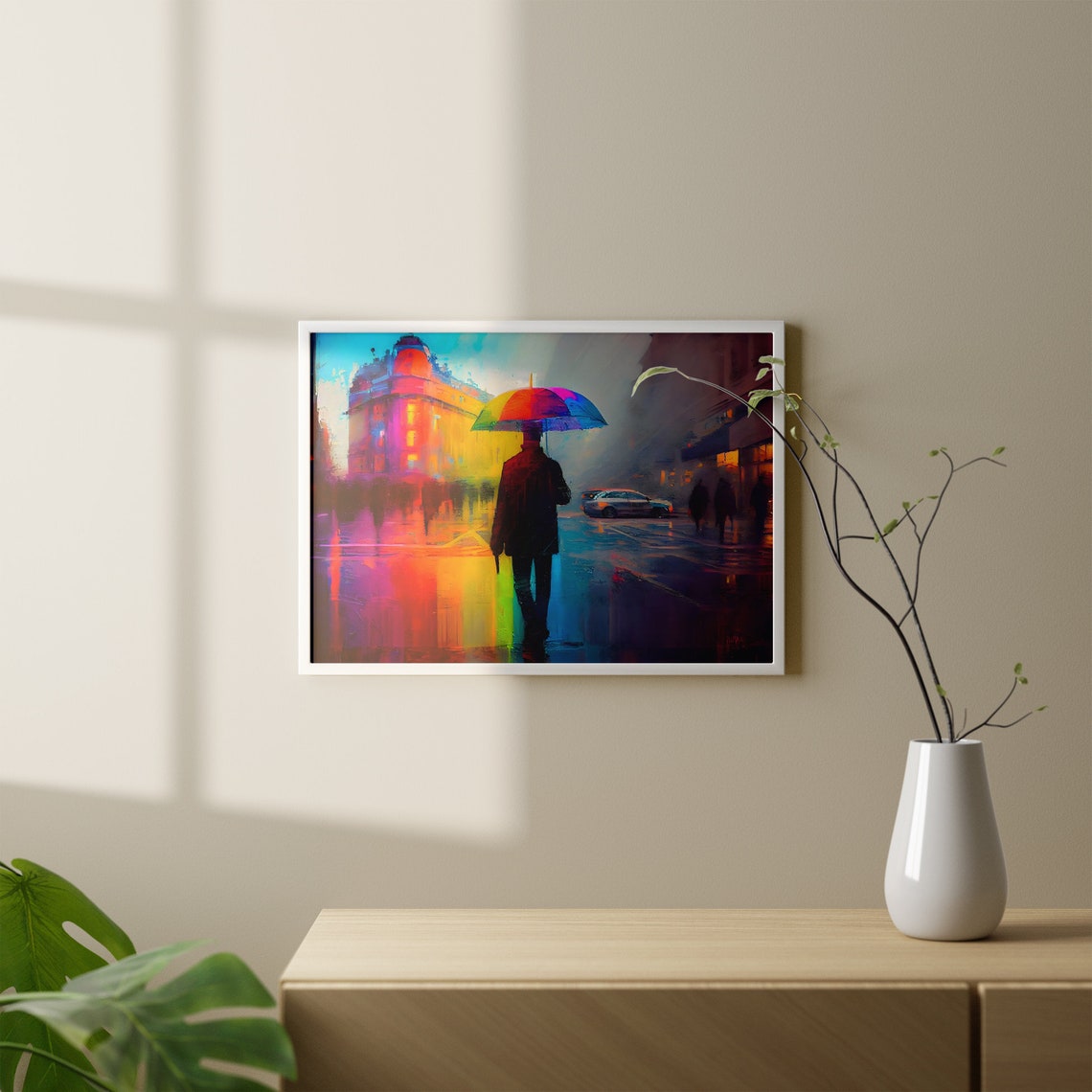 Rainbow Colors Gun Man Oil Painting With Colorful Umbrella Rainy Street Of City Wall Art - Image 7