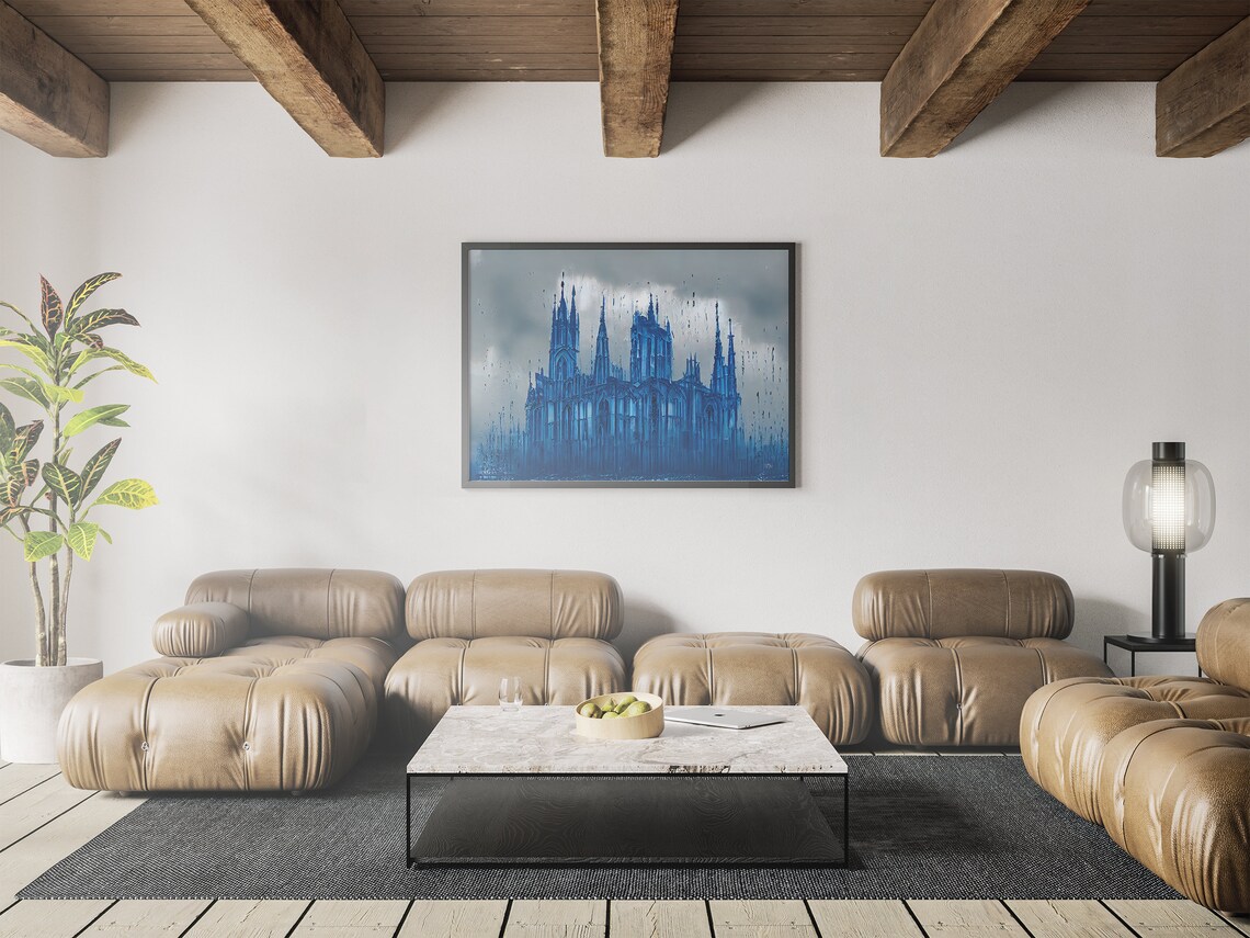 Gothic Cathedral in Blue Rain Stormy Architecture Art Poster - Image 7