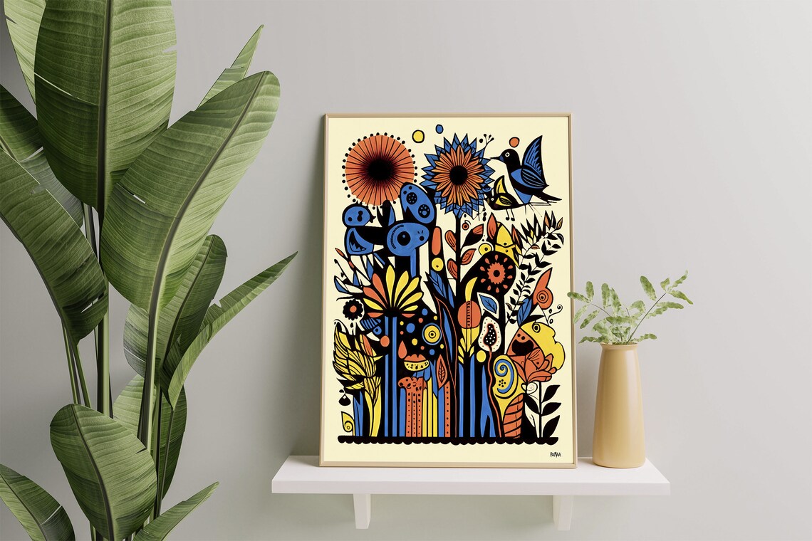 Fantasy Birds and Floral Art Print, Retro Style - Image 5