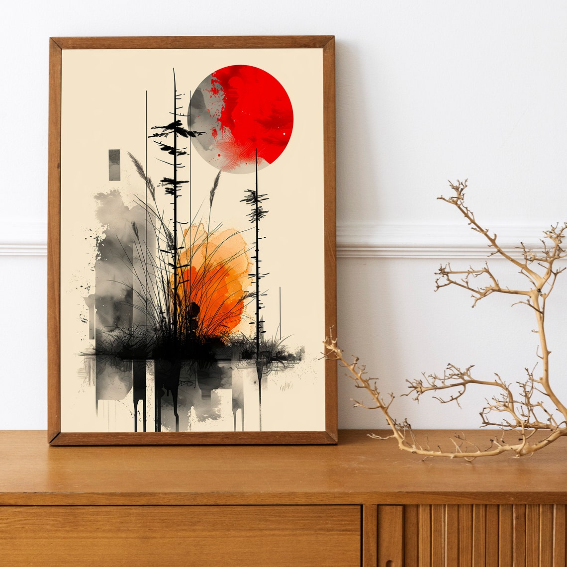 Red Moon Japanese Ink Pine Landscape Minimalist Boho Art Print - Image 3