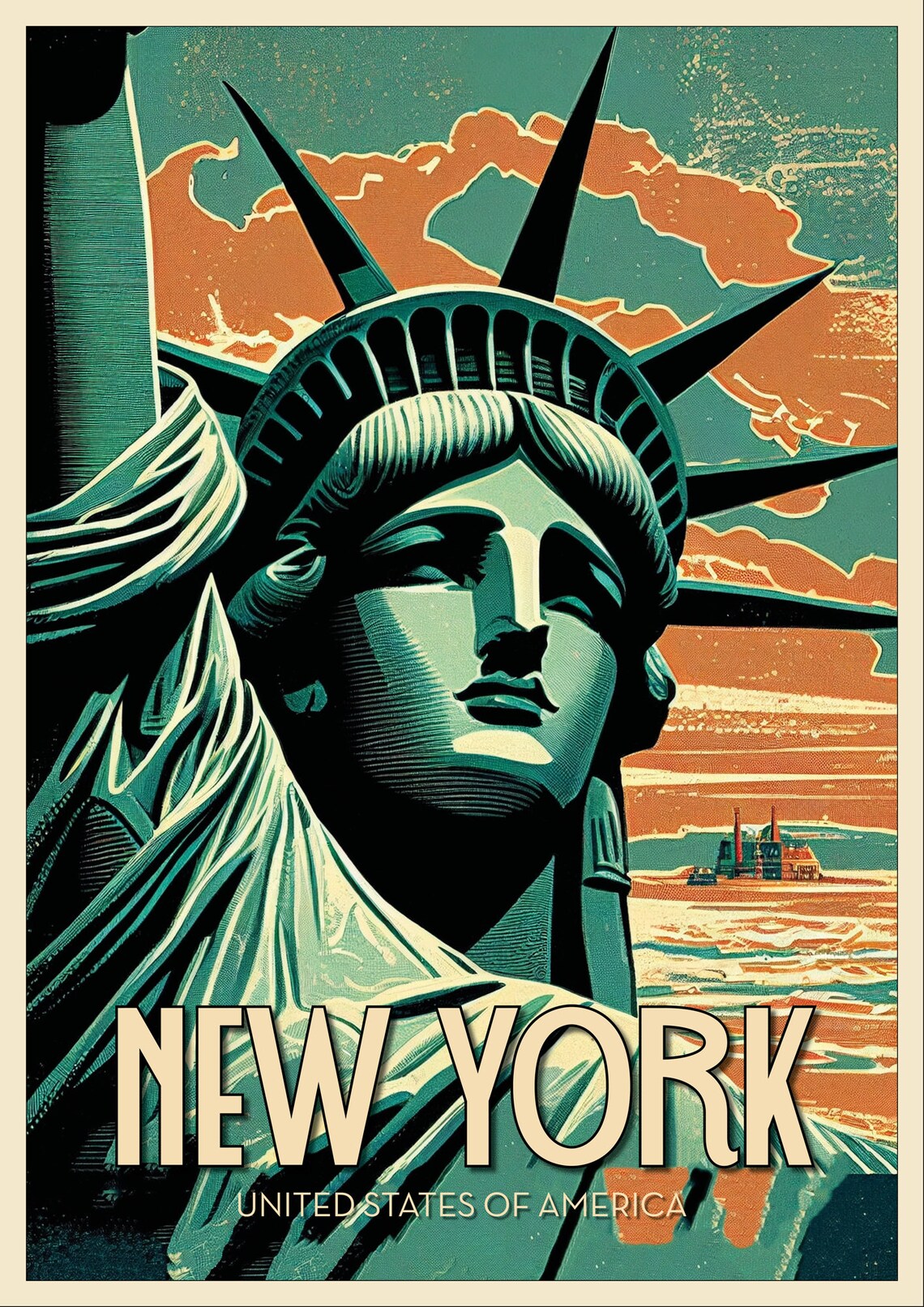 New York City Statue of Liberty Sunset Vintage Travel Poster - Image 2