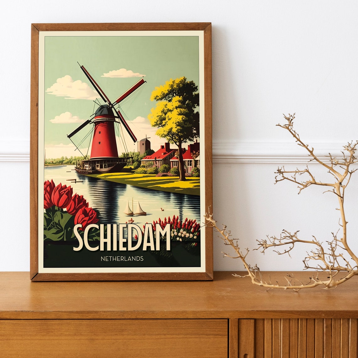 Schiedam Netherlands Red Windmill Tulips Vintage Travel Poster - Image 2