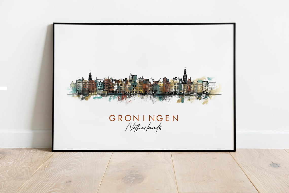 Groningen Netherlands Waterfront Skyline Watercolor Art Poster