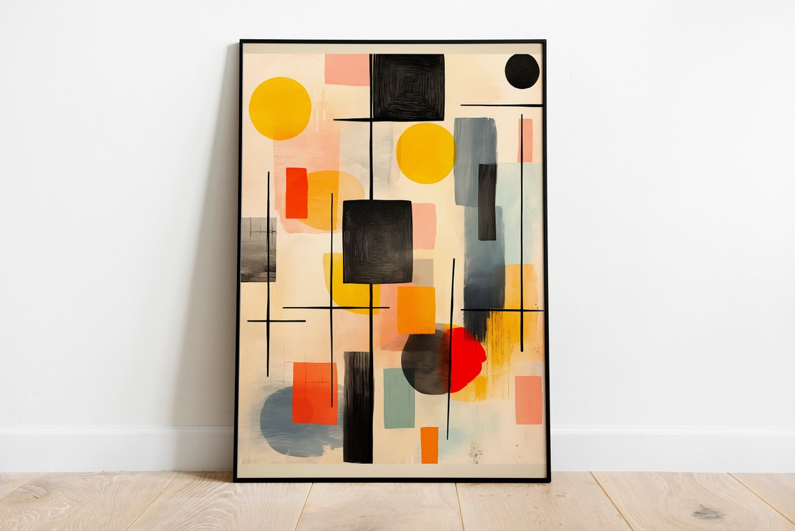 Mid Century Yellow Black Geometric Lines Abstract Modern Art Print - Image 2