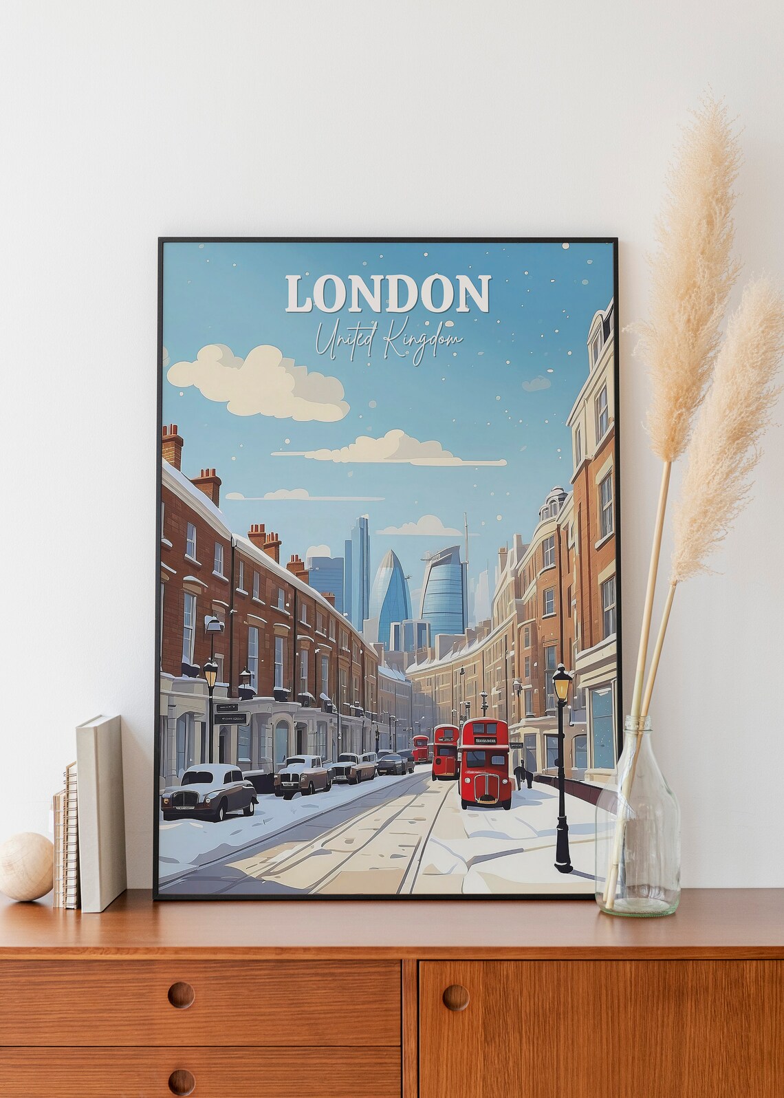 London Winter Street Snowy City Scene Red Double Decker Bus Poster - Image 2