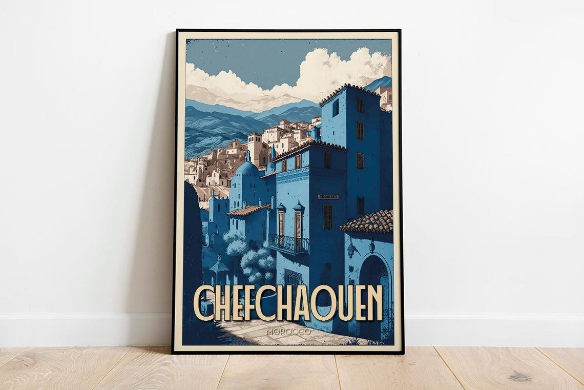 Chefchaouen Morocco Blue City Mountain Vintage Travel Poster