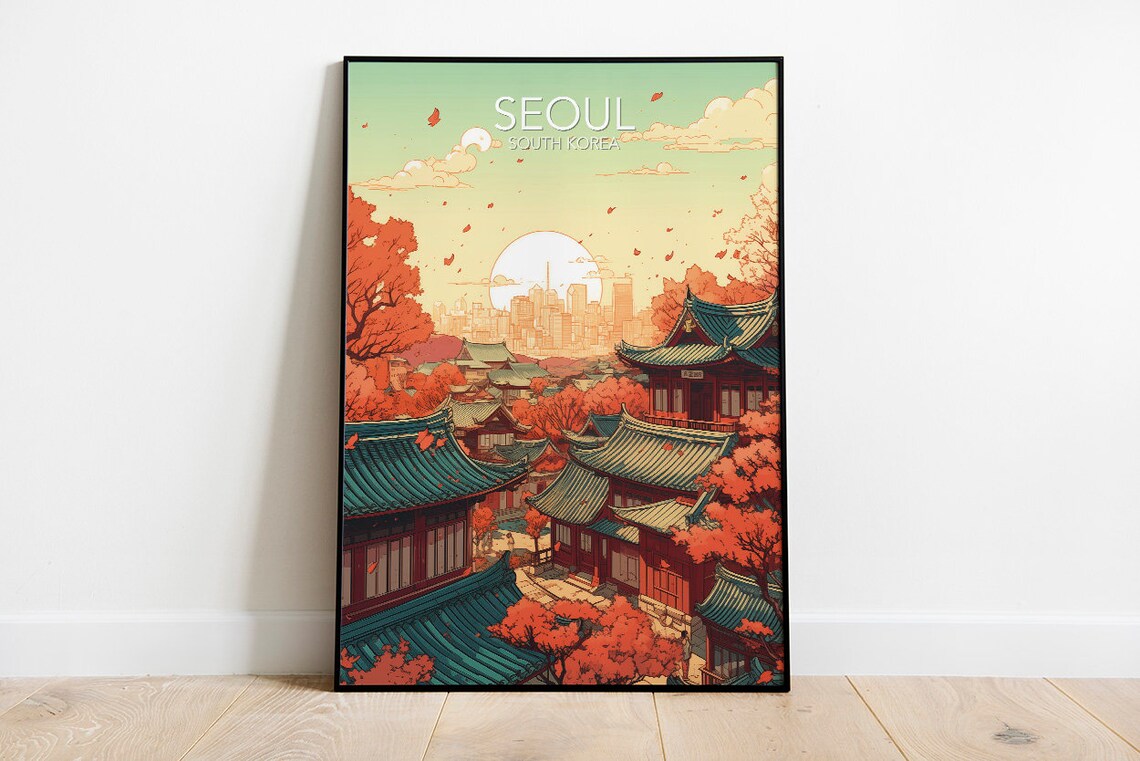 Seoul Palace Roofs Autumn Foliage South Korea Vintage Travel Poster