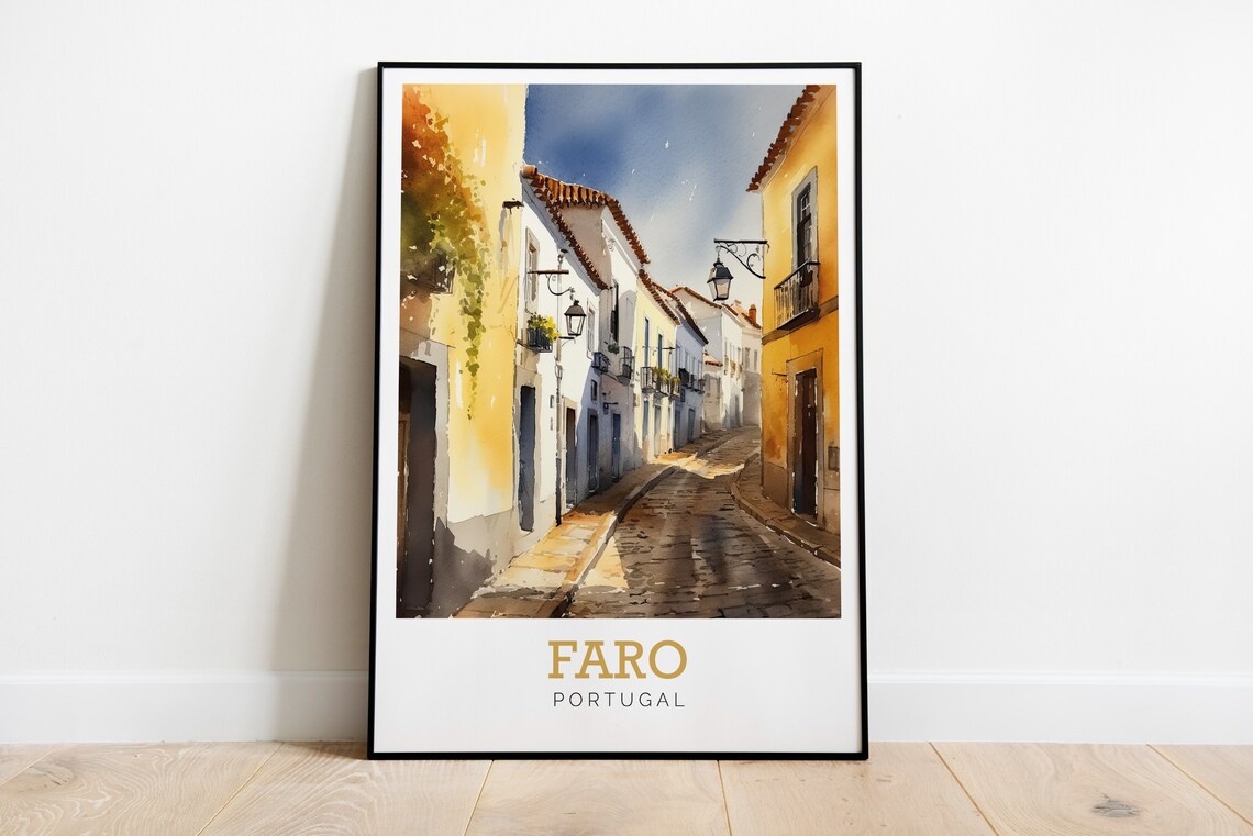 Faro Portugal Cobblestone Street Watercolor Art Travel Poster