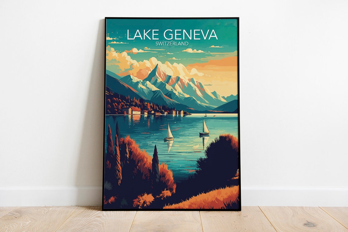 Lake Geneva Sailboats Alpine Peaks Switzerland Sunset Travel Poster